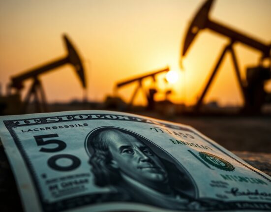 US dollar banknote with oil pumpjack silhouette in background
