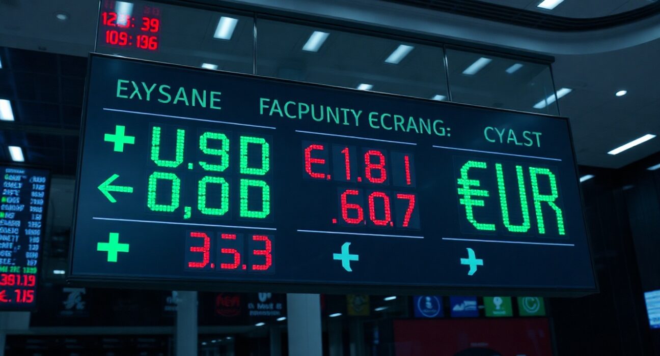 Digital financial exchange board showing fluctuating USD and EUR exchange rates in green and red.