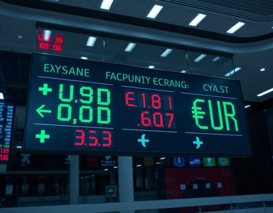 Digital financial exchange board showing fluctuating USD and EUR exchange rates in green and red.