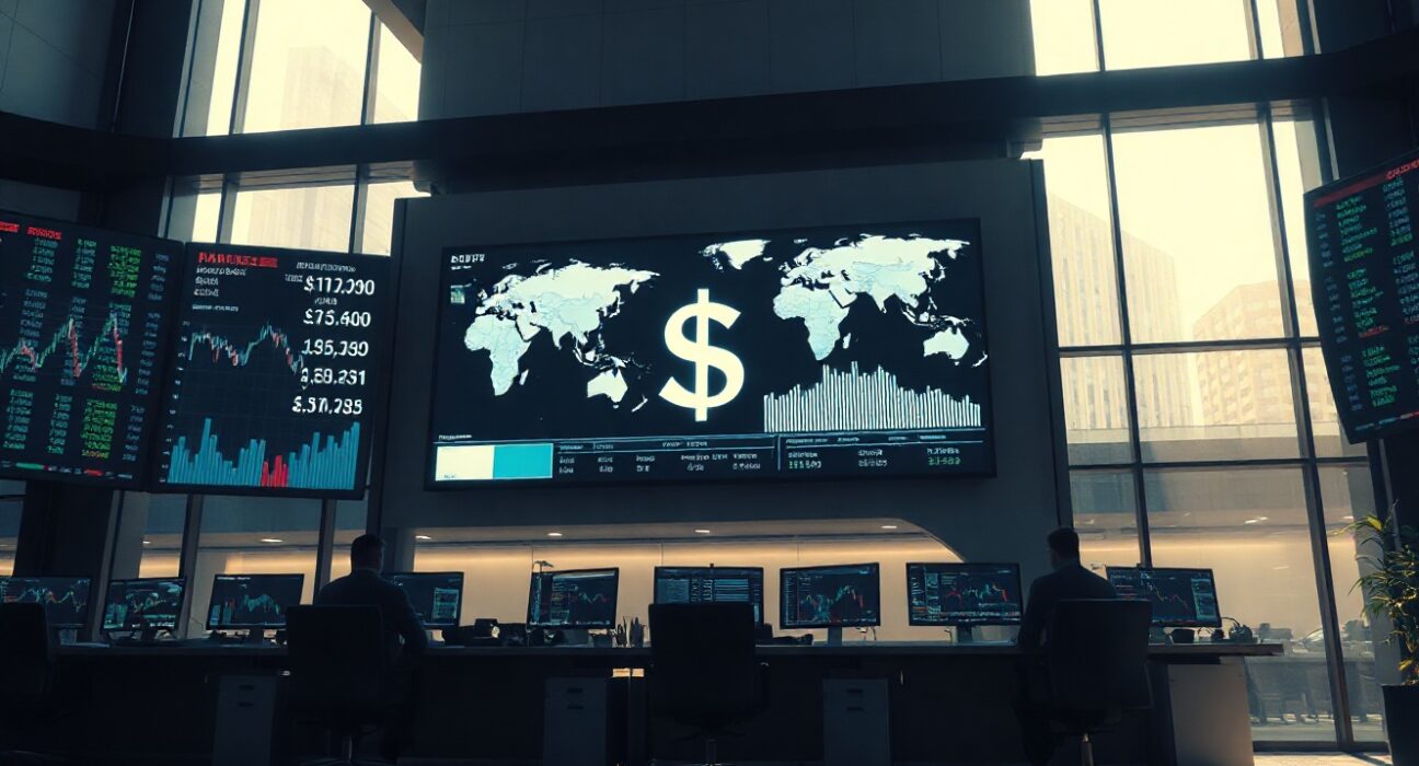 Trading screens showing currency charts and a world map, representing global forex markets and the US dollar.