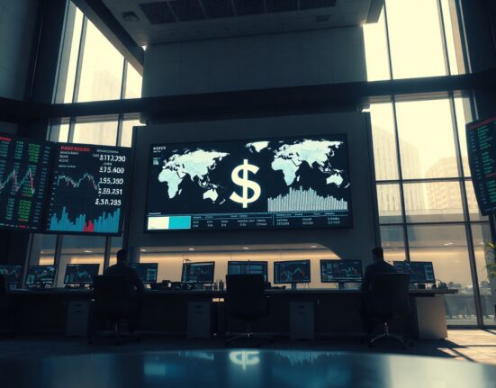 Trading screens showing currency charts and a world map, representing global forex markets and the US dollar.