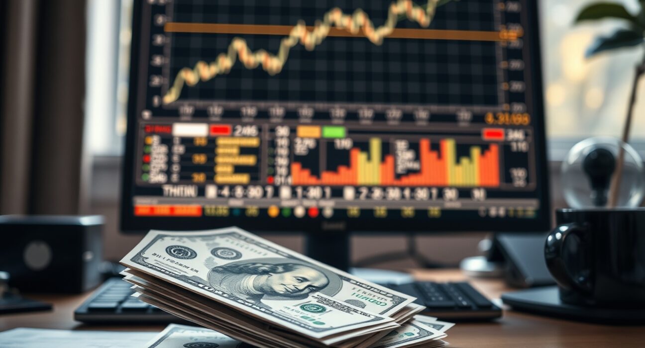 US dollar bills and financial charts on a trading desk, representing currency markets and economic data.