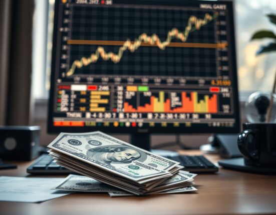 US dollar bills and financial charts on a trading desk, representing currency markets and economic data.