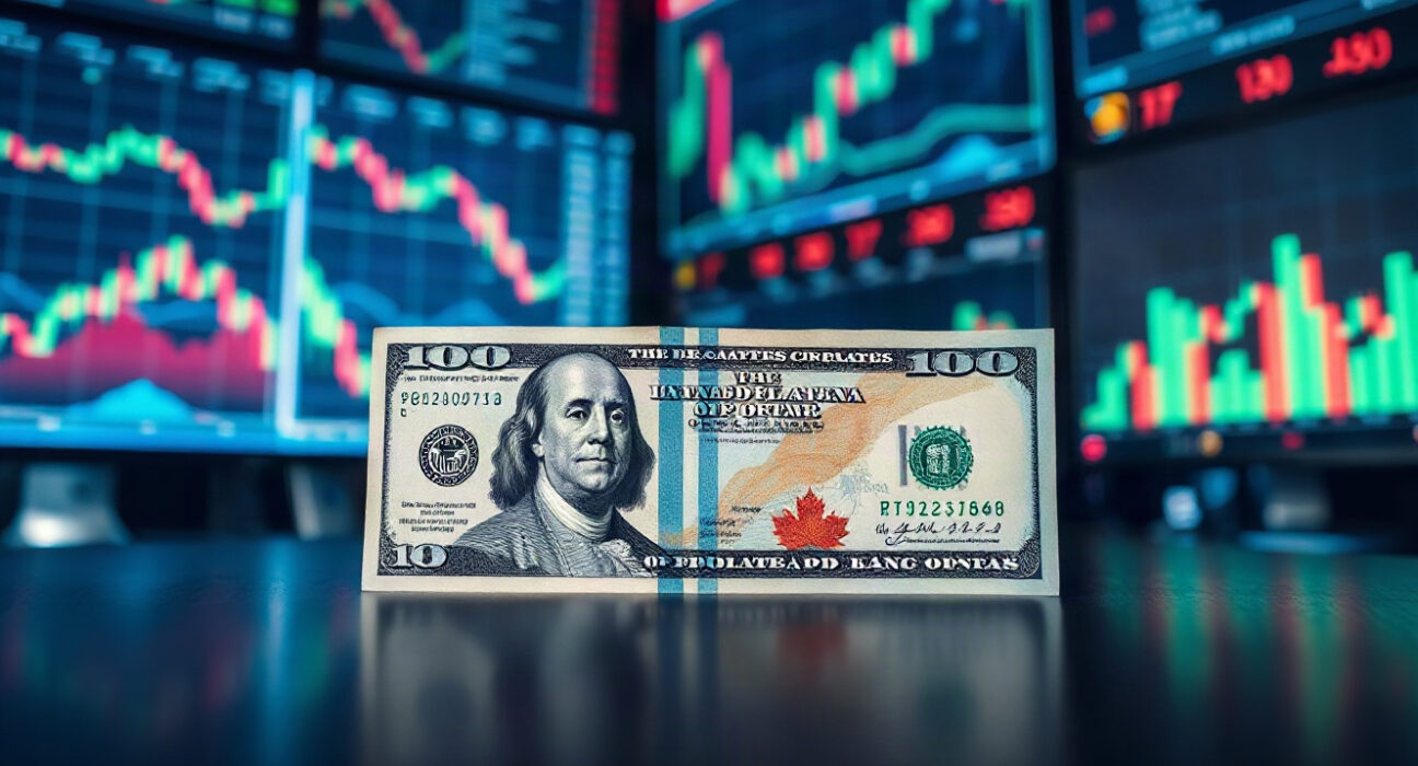 US dollar and Canadian dollar banknotes on a trading desk with market charts in the background.