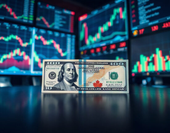 US dollar and Canadian dollar banknotes on a trading desk with market charts in the background.