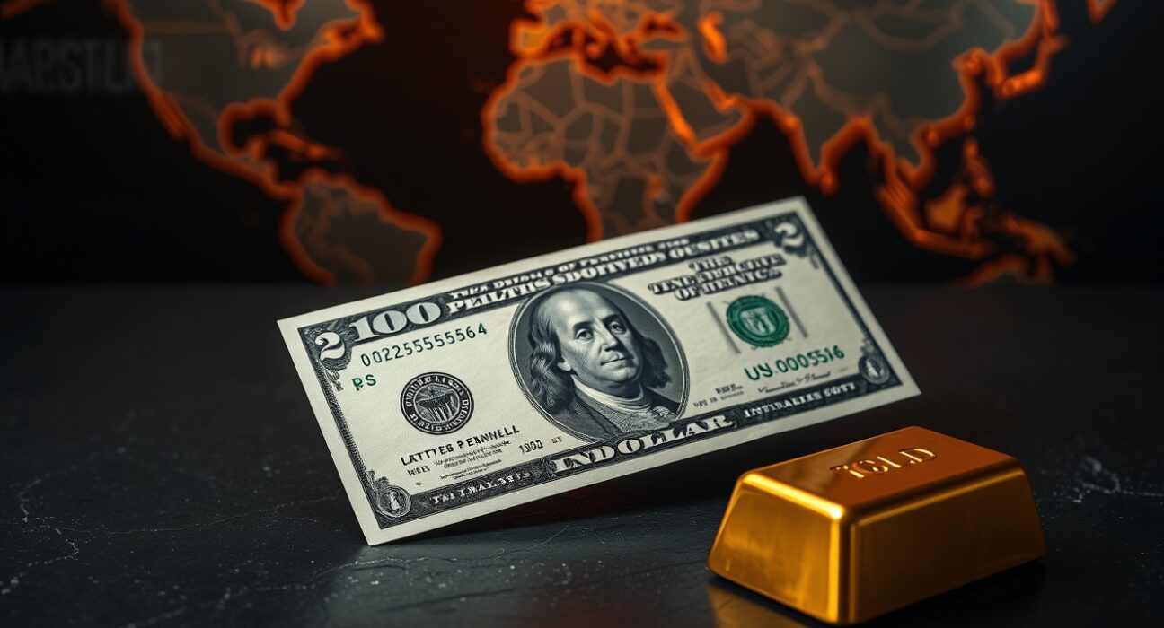 US dollar bill and gold bar on dark surface representing safe-haven demand amid geopolitical tensions