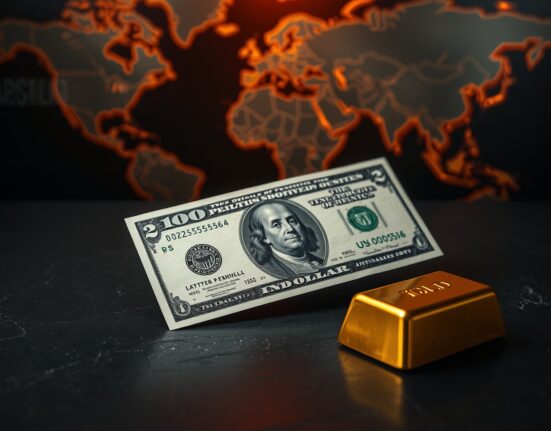 US dollar bill and gold bar on dark surface representing safe-haven demand amid geopolitical tensions