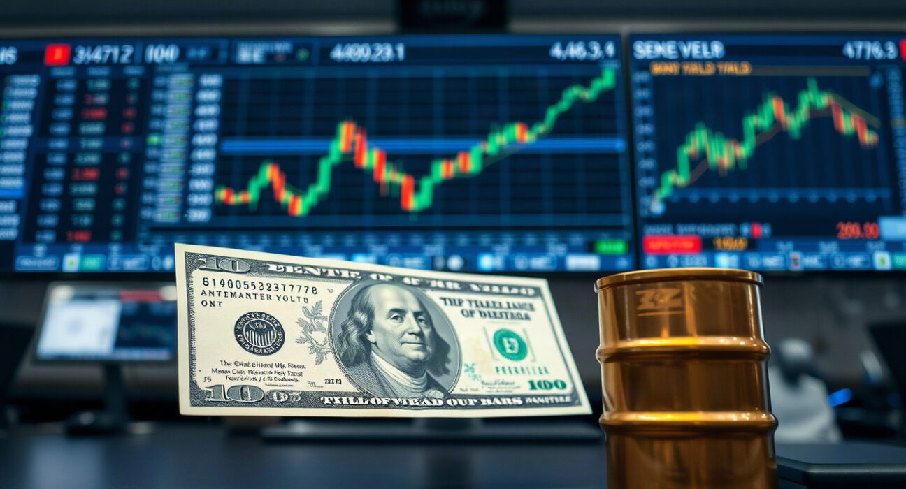 US dollar banknotes and a small oil barrel on a trading desk with financial charts in the background