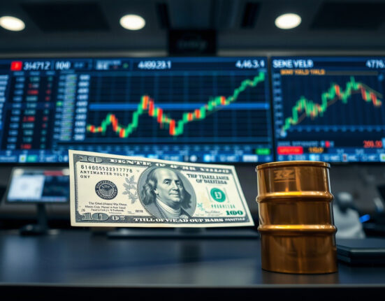 US dollar banknotes and a small oil barrel on a trading desk with financial charts in the background