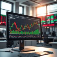 Trading desk with monitor showing currency charts and market data, symbolizing forex market focus on CPI and RBA decision.