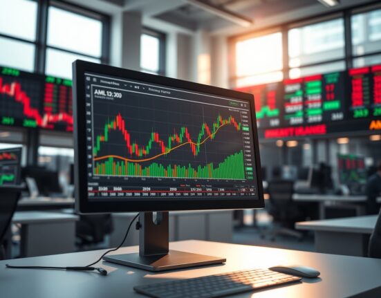 Trading desk with monitor showing currency charts and market data, symbolizing forex market focus on CPI and RBA decision.
