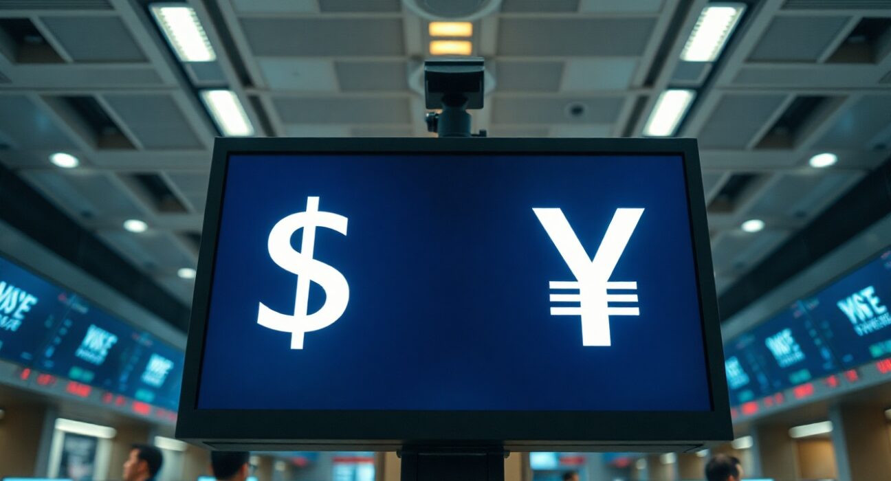 Currency exchange board showing US dollar and Japanese yen rates in a financial district.