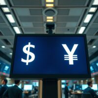 Currency exchange board showing US dollar and Japanese yen rates in a financial district.