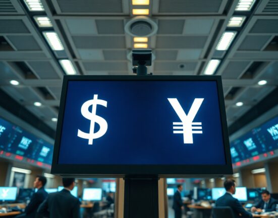 Currency exchange board showing US dollar and Japanese yen rates in a financial district.