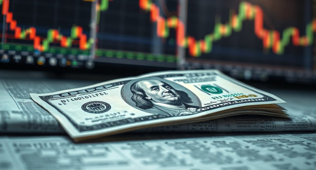 US dollar banknote on financial newspaper with stock charts in background