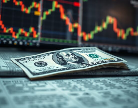 US dollar banknote on financial newspaper with stock charts in background