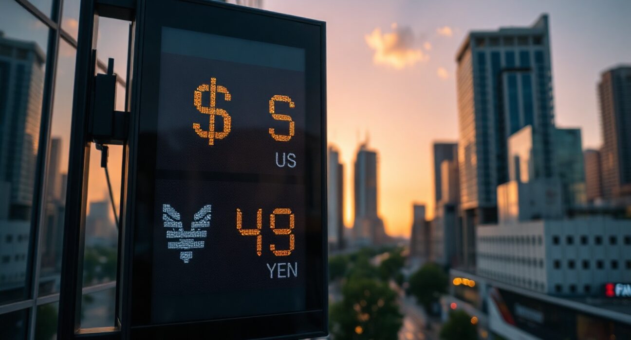 Digital currency board showing US dollar and Japanese yen exchange rates in a financial district