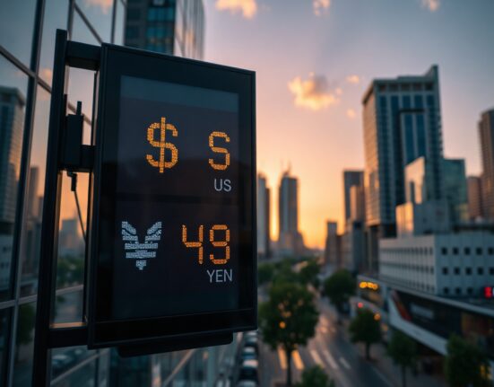 Digital currency board showing US dollar and Japanese yen exchange rates in a financial district