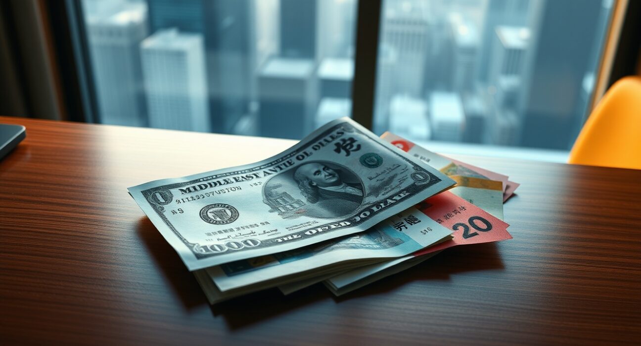 Dollar steady and Asia FX flat on a desk amid Middle East uncertainty and rate jitters, reflecting forex market analysis.
