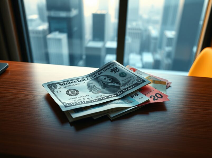 Dollar steady and Asia FX flat on a desk amid Middle East uncertainty and rate jitters, reflecting forex market analysis.