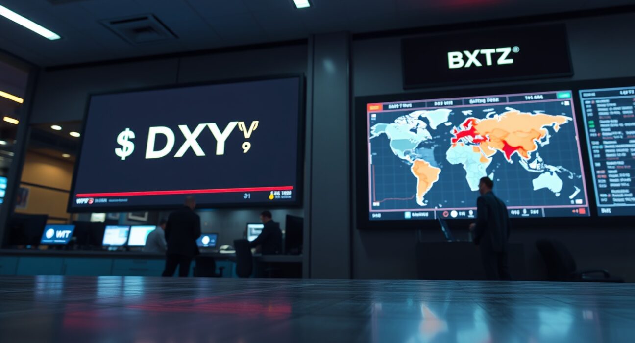 Trading floor display showing US dollar index steady amid geopolitical tensions with Iran