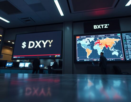 Trading floor display showing US dollar index steady amid geopolitical tensions with Iran