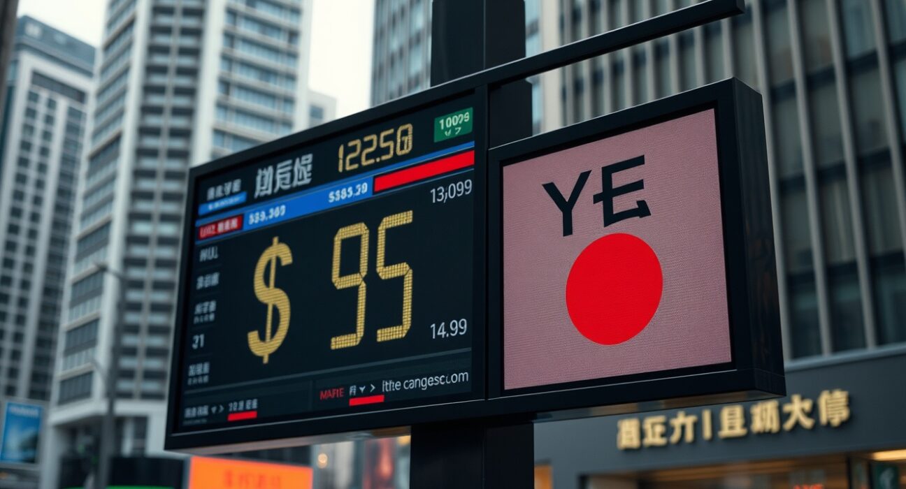 Currency exchange board showing US dollar and Japanese yen symbols in a financial district