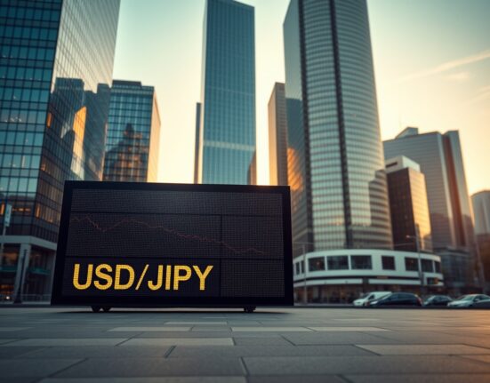 Digital currency exchange board showing USD/JPY rates in a financial district at sunrise