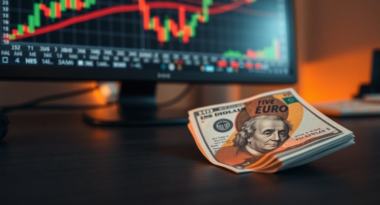 US dollar and Euro banknotes on a desk with financial charts in the background.