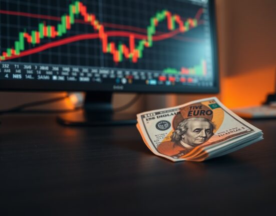 US dollar and Euro banknotes on a desk with financial charts in the background.