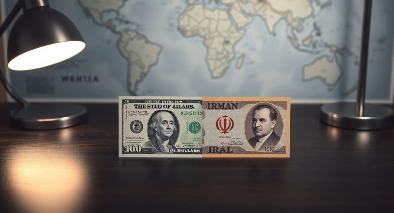 Dollar steady and Iranian rial banknotes on a table, symbolizing currency market stability amid U.S.-Iran deadlock