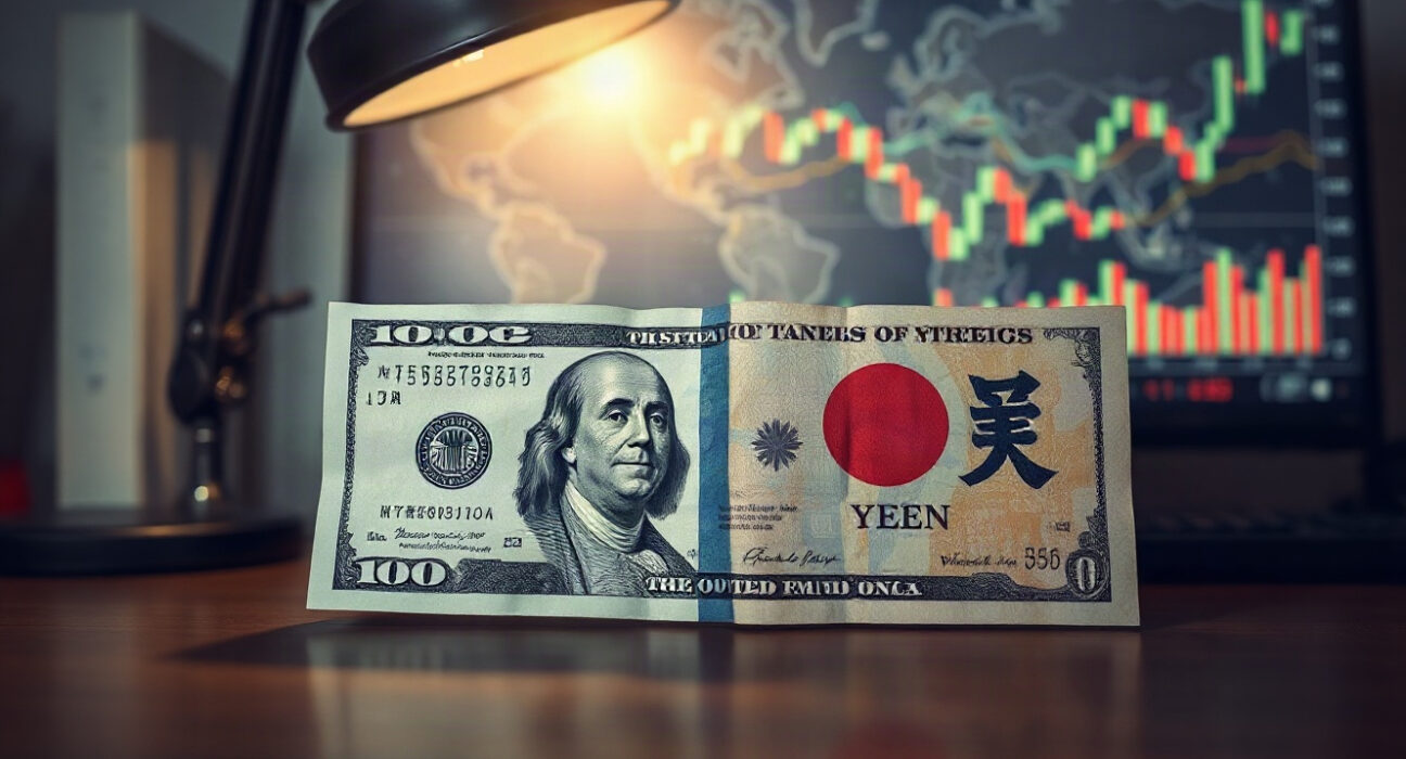 US dollar and Japanese yen banknotes on a desk with financial charts in the background