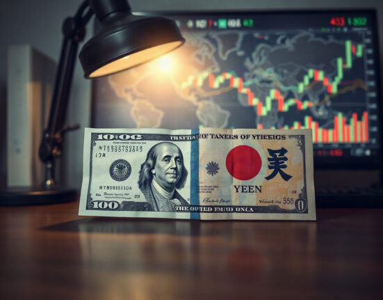 US dollar and Japanese yen banknotes on a desk with financial charts in the background