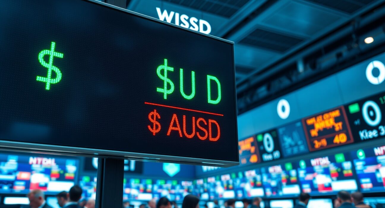 Digital display showing US dollar steady and Australian dollar lower on a trading floor.