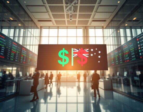 Currency exchange board showing US dollar steady and Australian dollar falling in a modern trading floor