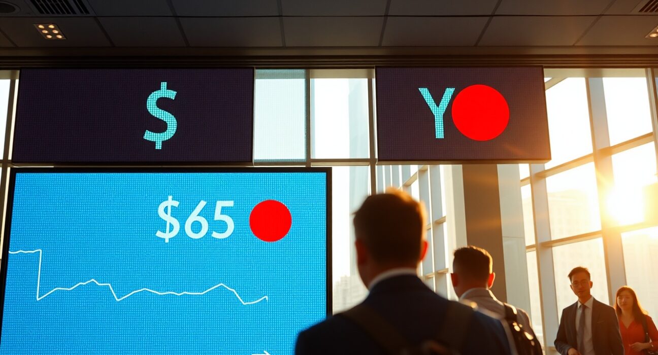 Currency exchange board showing US dollar and Japanese yen symbols in a financial district at dawn