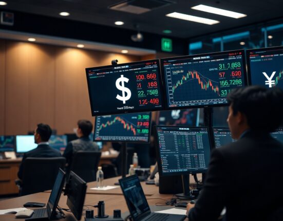 Forex trading desk showing US dollar and Japanese yen currency charts with price movements