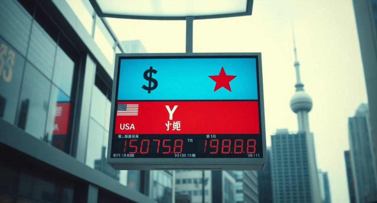 Digital currency exchange board showing US dollar and Chinese yuan symbols in a modern financial district trading floor.
