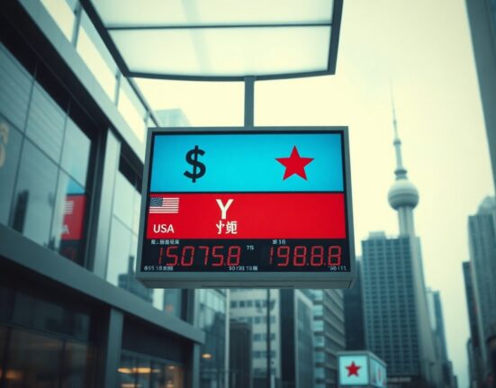 Digital currency exchange board showing US dollar and Chinese yuan symbols in a modern financial district trading floor.