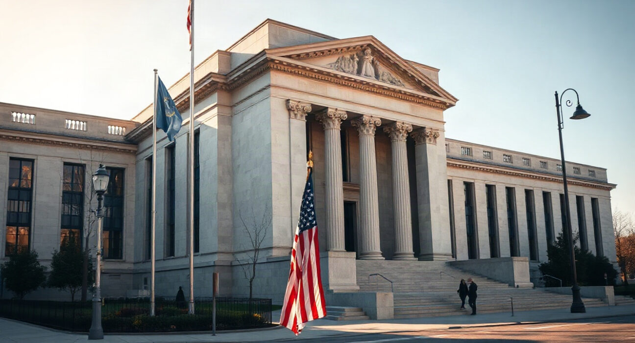 Federal Reserve building in Washington, D.C., with American flag, under clear morning sky