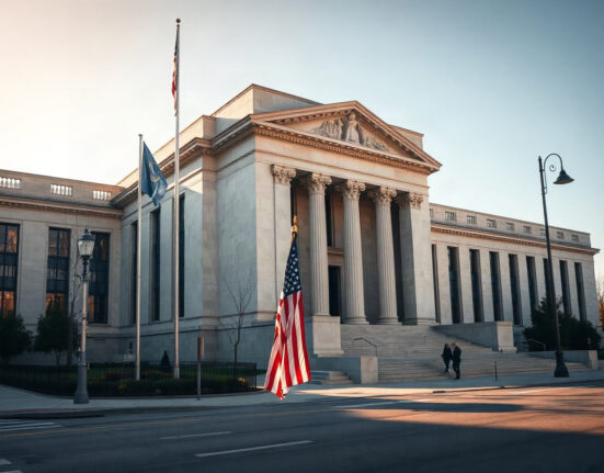Federal Reserve building in Washington, D.C., with American flag, under clear morning sky