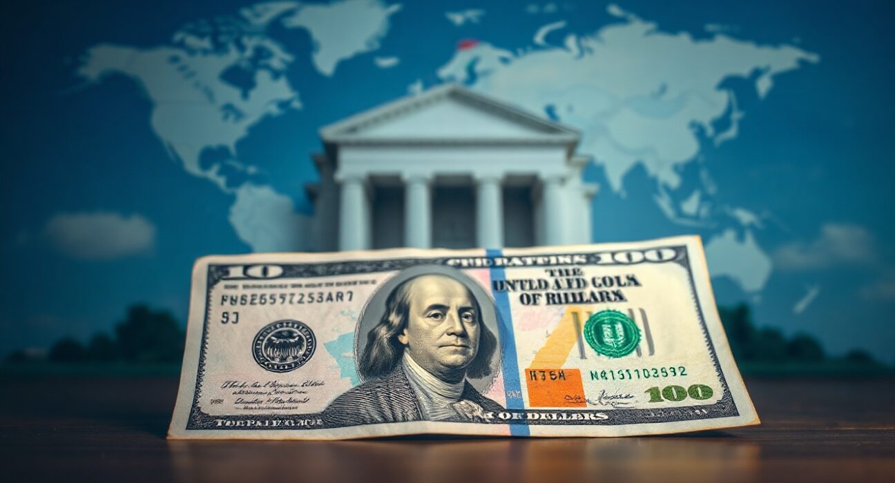 US dollar banknote in focus with geopolitical and financial symbols in blurred background