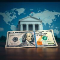 US dollar banknote in focus with geopolitical and financial symbols in blurred background