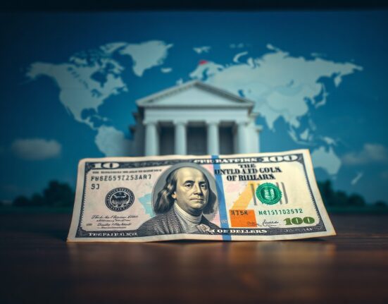 US dollar banknote in focus with geopolitical and financial symbols in blurred background