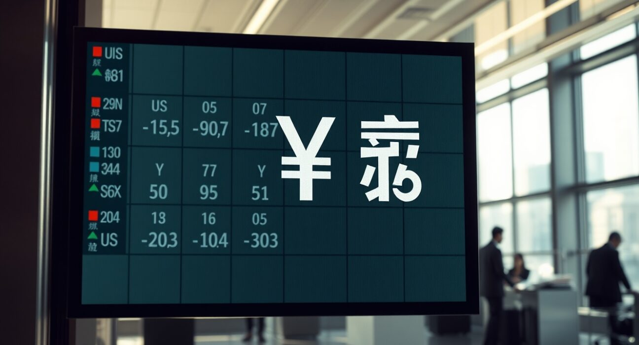 Currency exchange board showing US dollar, Japanese yen, and Asian currencies in a financial district