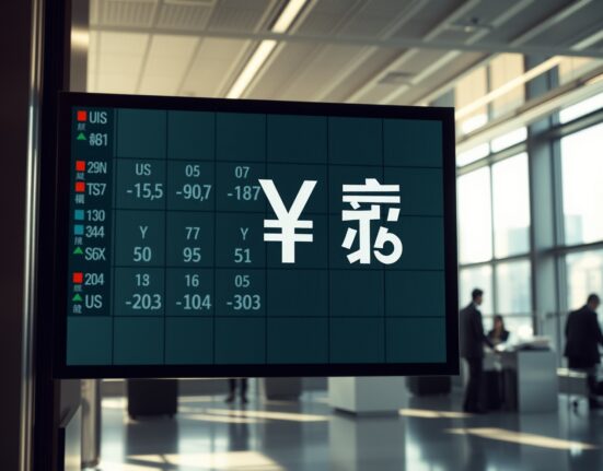 Currency exchange board showing US dollar, Japanese yen, and Asian currencies in a financial district