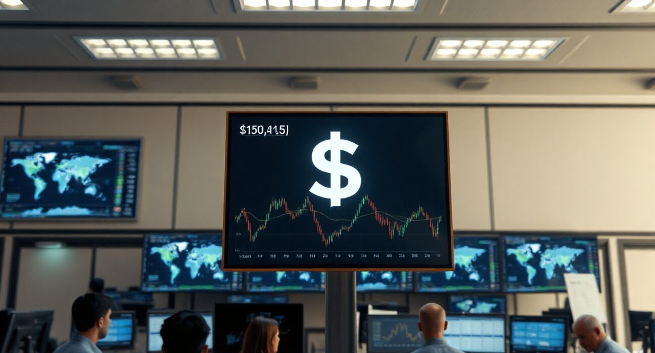 Foreign exchange trading floor with screens showing dollar stability amid U.S.-Iran geopolitical tensions