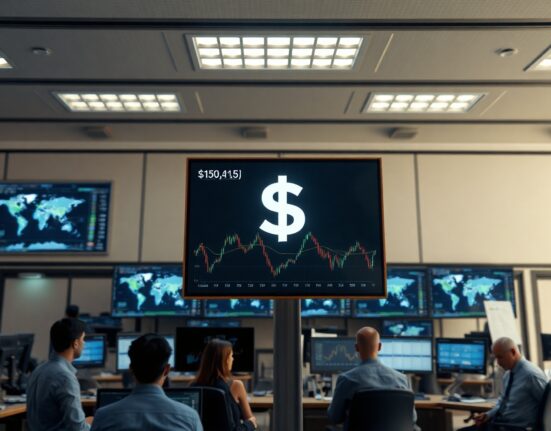 Foreign exchange trading floor with screens showing dollar stability amid U.S.-Iran geopolitical tensions