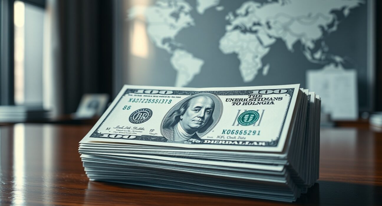 Stack of US dollar bills on a desk representing currency stability amid geopolitical talks