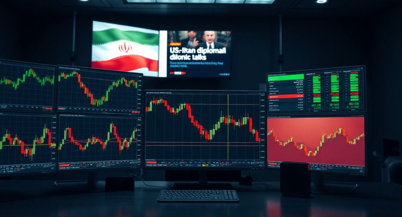 Forex trading desk with monitors showing US dollar and Australian dollar charts and US-Iran news headline